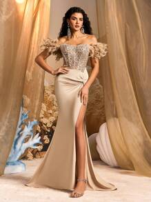 Glamrae Elegant Luxurious Off Shoulder Faux Fur Sleeve Sheer Faux Pearls Contrast Sequins Elastic Bodycon Slit Fish Tail Dress, Suitable For Weddings, Parties, Graduations, Balls, Galas, Party Dress, Wedding Guest Dress, Formal Dress, Evening Dress, Gown