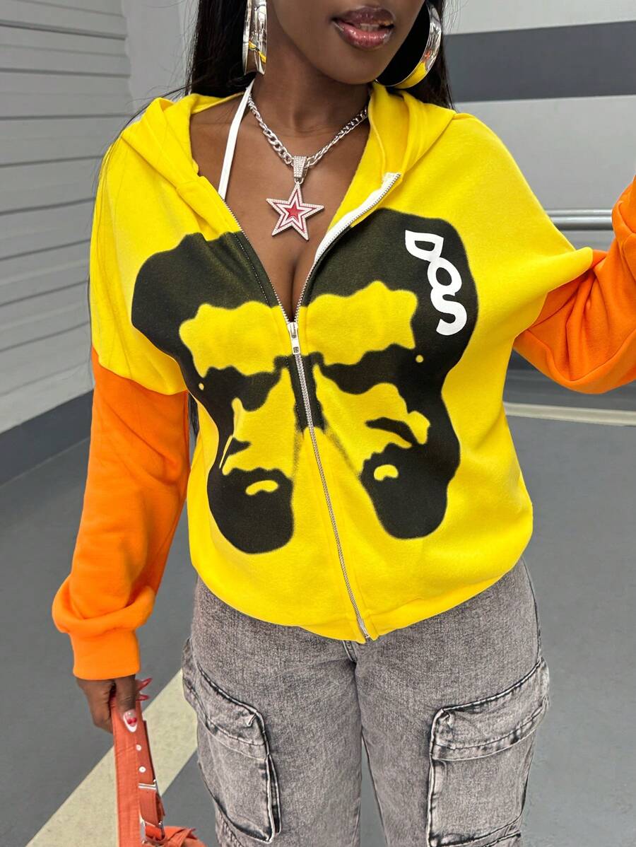INAWLY Women's Contrast Color Graphic Print Zipper Hoodie - Yellow - View 1