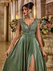 Aureia Elegante vestido de noche de seda con escote en V, manga larga, apliques y bloqueo de color, abertura alta, para fiestas, bodas, eventos formales