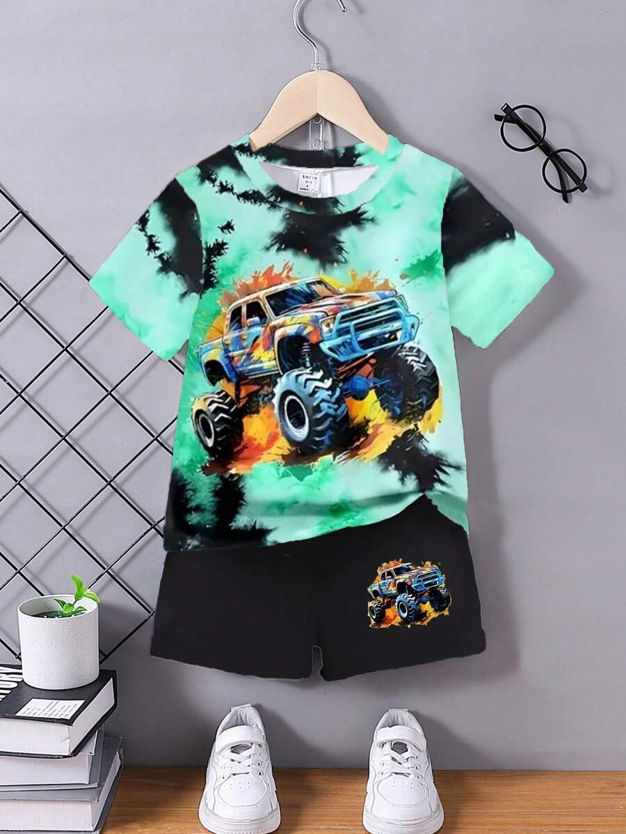 SHEIN 2pcs/Set Toddler Boys Customized Short Sleeve Shorts Set, School, Campus, College