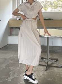 DAZY 2pcs/Set Women Solid Drawstring Shirt Top And Elastic Waist Pocket Skirt - Beige - View 7