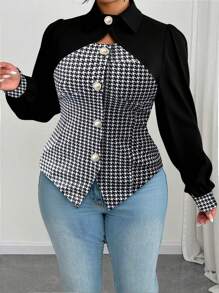 Calvaya Camisa casual, cómoda y versátil de talla grande para mujer con diseño hueco de patrón pata de gallo en patchwork