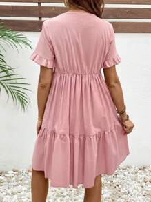SHEIN Pregnant Women Solid Color V-Neck Short Sleeve Nursing Maternity Dress - Pink - View 2