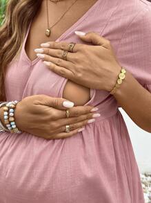 SHEIN Pregnant Women Solid Color V-Neck Short Sleeve Nursing Maternity Dress - Pink - View 5