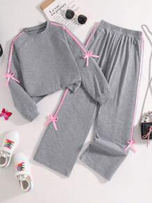 SHEIN 2 件套青少年女孩休闲度假舒适可爱蝴蝶结撞色松紧带花卉灰色 2 件套