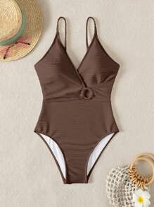 Swim Chiccia 女士纯色环链肩带连体泳衣，时尚度假装 - 棕色 - 查看 6