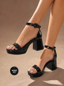 SHUZIA Wide Width Women's Ankle Strap Square Toe Block Heel Pat Black Sandals –Plus Size Chic, Comfortable & Versatile Essential Mother's Day Present