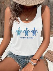 Women's Casual Holiday Turtle Print Tank Top - White - View 1