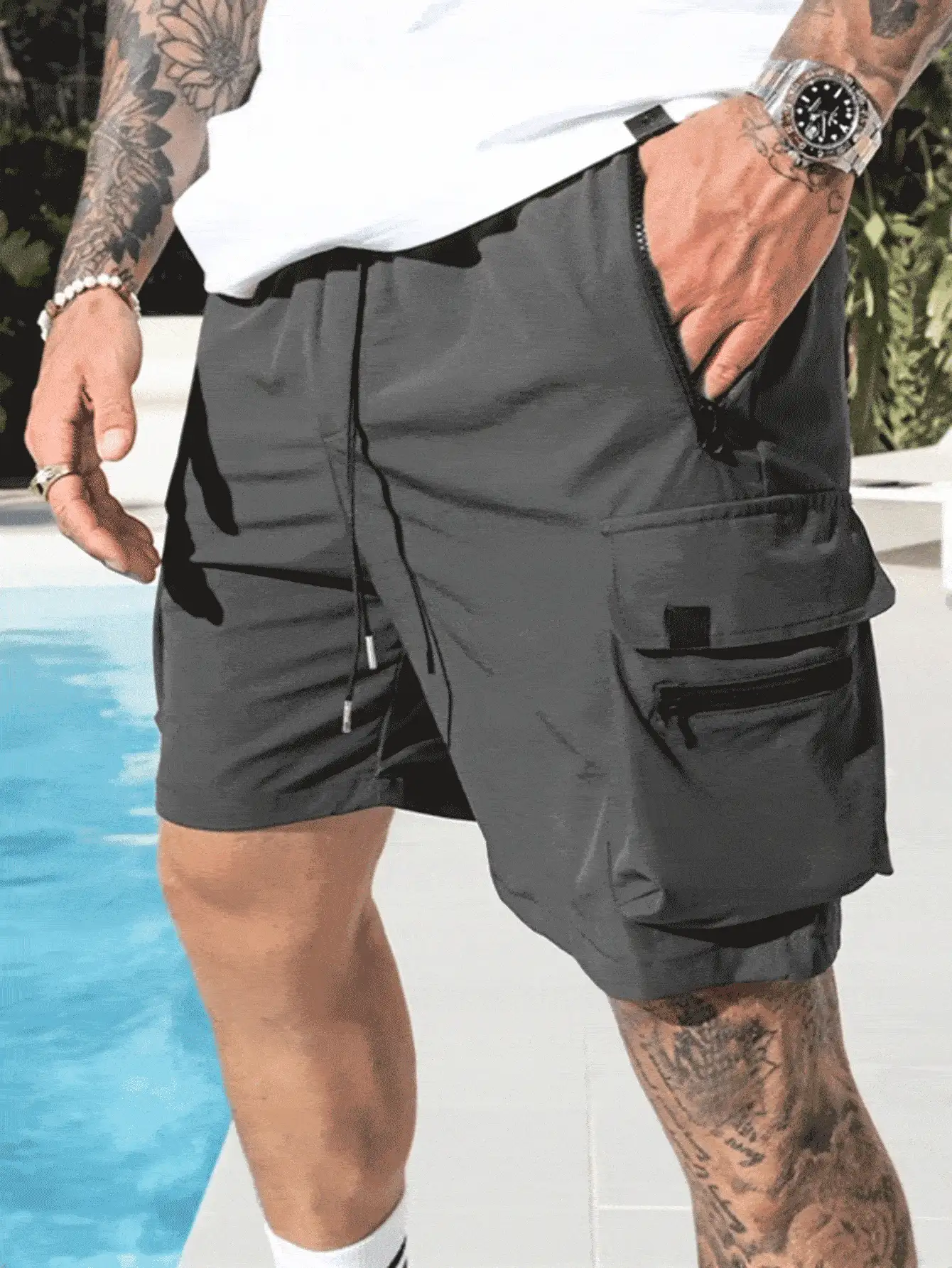 Manfinity Homme Pantalones cortos cargo de verano casuales para hombres con cintura con cordón, pantalones cortos cargo para hombres, de vuelta a la escuela