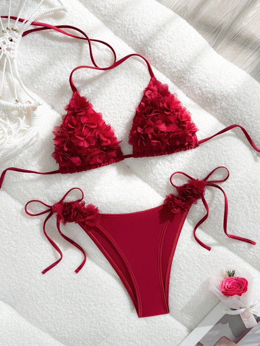 SHEIN Swim 2 件套纯色优雅吊带碎花休闲度假风格女士泳衣