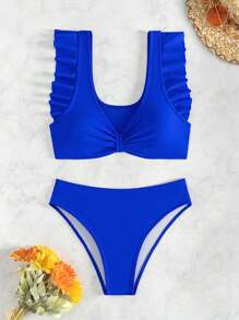 SHEIN Swim Women Solid Color Spaghetti Strap Tankini Top & Triangle Swim Bottoms 2pcs Swimsuit Set For Summer Beach Vacation - Royal Blue - View 3