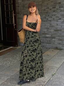 Strévra Đầm midi lưới in họa tiết cây cỏ và hoa, chất liệu nhung mềm mại, kiểu dáng hoa nhí, thích hợp cho mùa hè, đi nghỉ mát hoặc lễ Phục sinh. - Màu xanh lá cây đậm - Xem 4