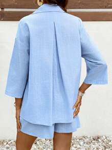 SHEIN Maternity Solid Drop Shoulder Blouse & Shorts Casual 2 Pieces Set - Blue - View 7