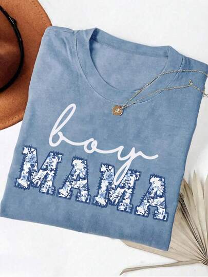 EMERY ROSE Plus Size Casual Letter Graphic Round Neck Short Sleeve T-Shirt, Summer