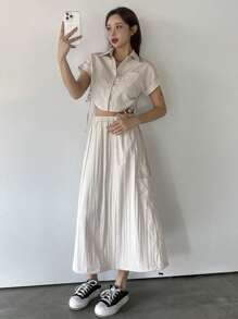 DAZY 2pcs/Set Women Solid Drawstring Shirt Top And Elastic Waist Pocket Skirt - Beige - View 5