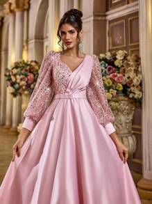 Glamrae Elegant Sheer Long Sleeve Beaded Sequin Patchwork Satin Maxi Dress With Detachable Belt, Suitable For Wedding, Party, Vacation, Graduation, Prom, Mother Of The Bride, Wedding Guest Dress, Formal Dress, Evening Dress, Gown - Pink - View 2