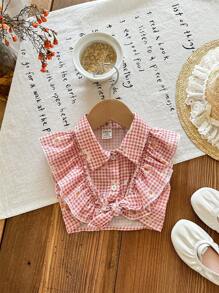 SHEIN Casual Baby Girl Checkered Ruffle Collar Blouse, Versatile For Summer - Pink - View 7