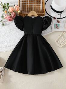 SHEIN Young Girl Elegant Color Blocking 3D Flower Puff Sleeve Smocked Flared Dress - Black - View 6