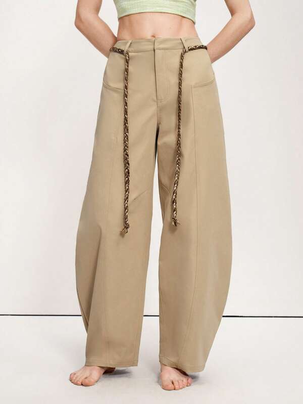 Arave Women's Casual Khaki Long Pants: Woven Fabric With Zipper Detail And Braided Rope Belt