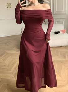 DAZY Vestido midi elegante de un solo hombro de unicolor para invitados de boda, vestido de graduación elegante de primavera/otoño, vestido de boda de manga larga para mujeres, nuevo año - Burdeos - Ver 6