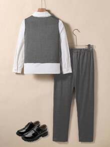 SHEIN 2 件套青少年男孩绅士西装、背心 + 裤子、优雅连衣裙，适合生日派对、宴会、婚礼、周年纪念、洗礼（背心 + 裤子） - 灰色 - 查看 2