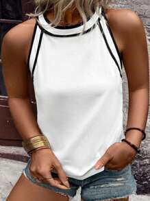 大码女式纯色拼接圆领休闲上衣，适合日常穿着 - 白色 - 查看 1