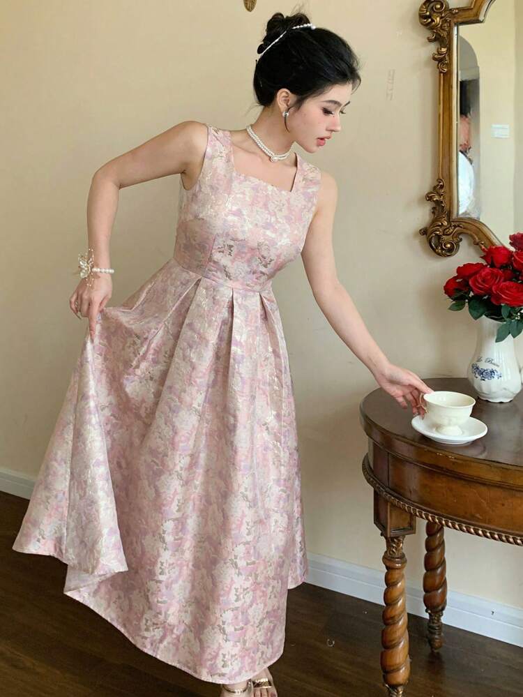 Floral Print Sleeveless Square Neck Dress For Women Maxi Dress