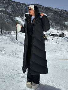 EURMUSE Premium Quality, Contrast Fur Detailed Long Line Puffer Winter Coat With Belt - Black - View 3