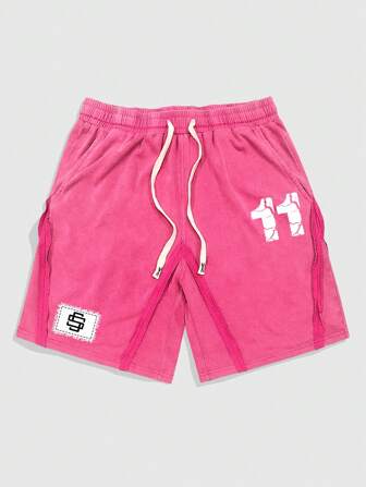 Men's Casual Number Washed Patchwork Print Shorts, Summer