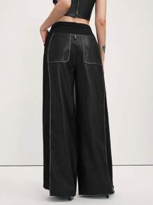 SHEIN LUNE Pantalones de cintura alta y pierna ancha con diseño de empalme de piel sintética para mujeres, casuales y versátiles - Negro - Ver 2