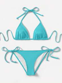SHEIN Swim 2025 Summer Vacation Minimalist Solid Color Halter Bikini Set - Mint Blue - View 1