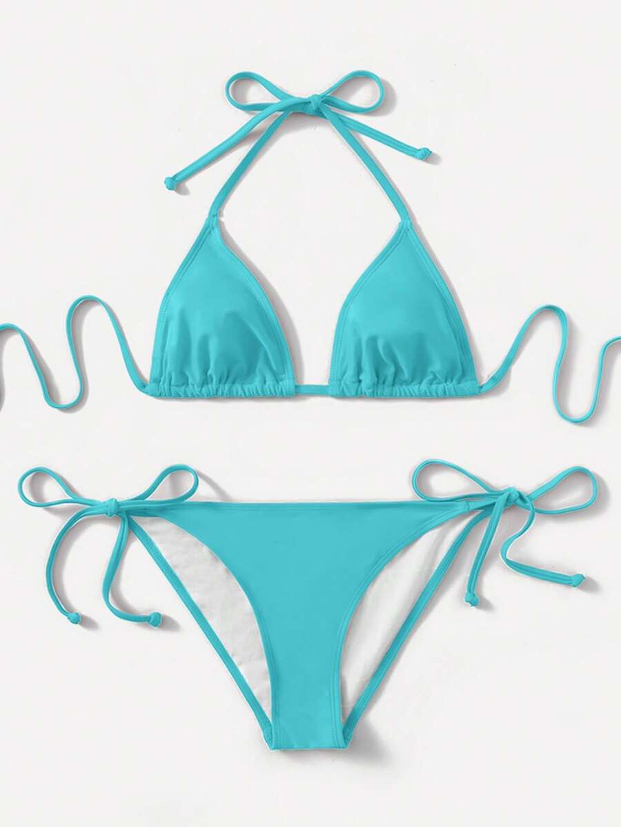 SHEIN Swim 2025 Summer Vacation Minimalist Solid Color Halter Bikini Set - Mint Blue - View 1