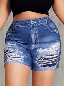 SHEIN LUNE Plus Size Women Summer Shorts, Seamless Denim Effect Print Athletic Hotpants - Multicolor - View 5