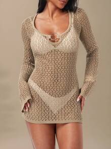 SHEIN Swim 1 pieza Nuevo vestido largo con mangas de escote en V profundo decorado con anillo, elegante y sexy, de punto de caqui para mujer para playa - Caqui - Ver 3