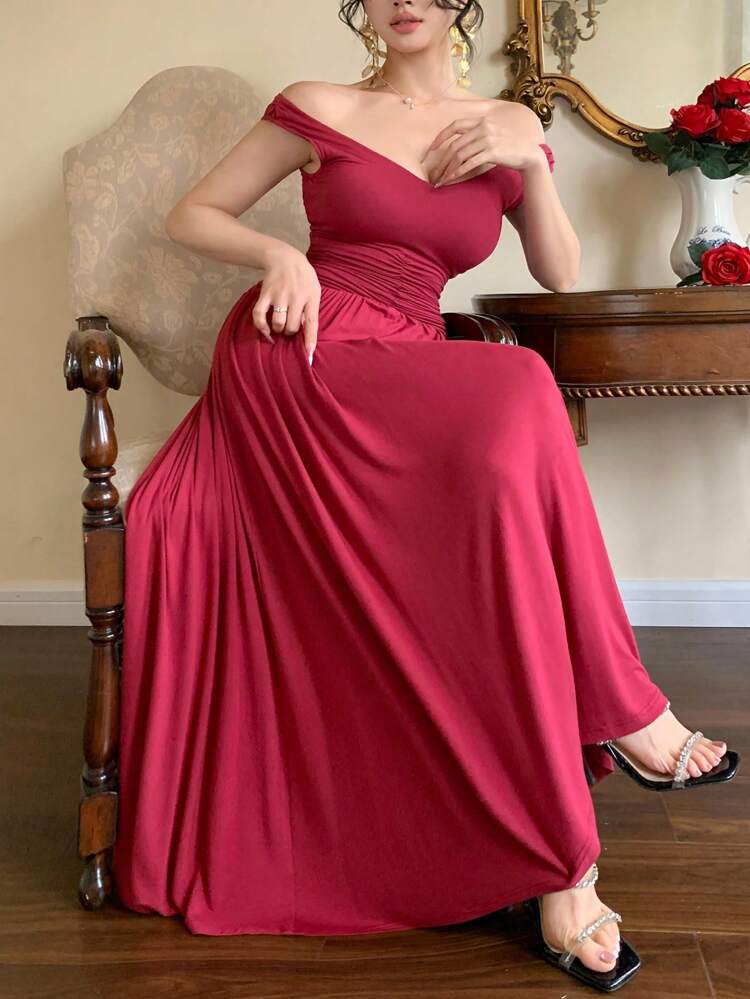 Plain V-Neck Ruched Sleeveless Mid-Calf Dress For Women Sundress Red Women Dresses Prom Dress Elegant Women Dresses Maxi Dress