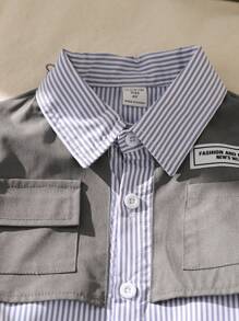 SHEIN 年轻男孩字母印花条纹长袖单排扣夹克 - 灰色 - 查看 3