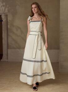 MOTF PREMIUM 撞色饰边束带连衣裙 - 杏色 - 查看 6