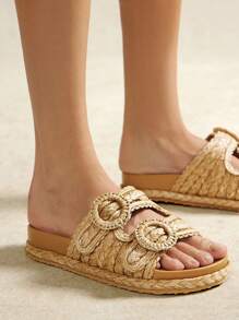 SHUZIA Sandalias de plataforma plana de rafia para damas - Beis - Ver 2