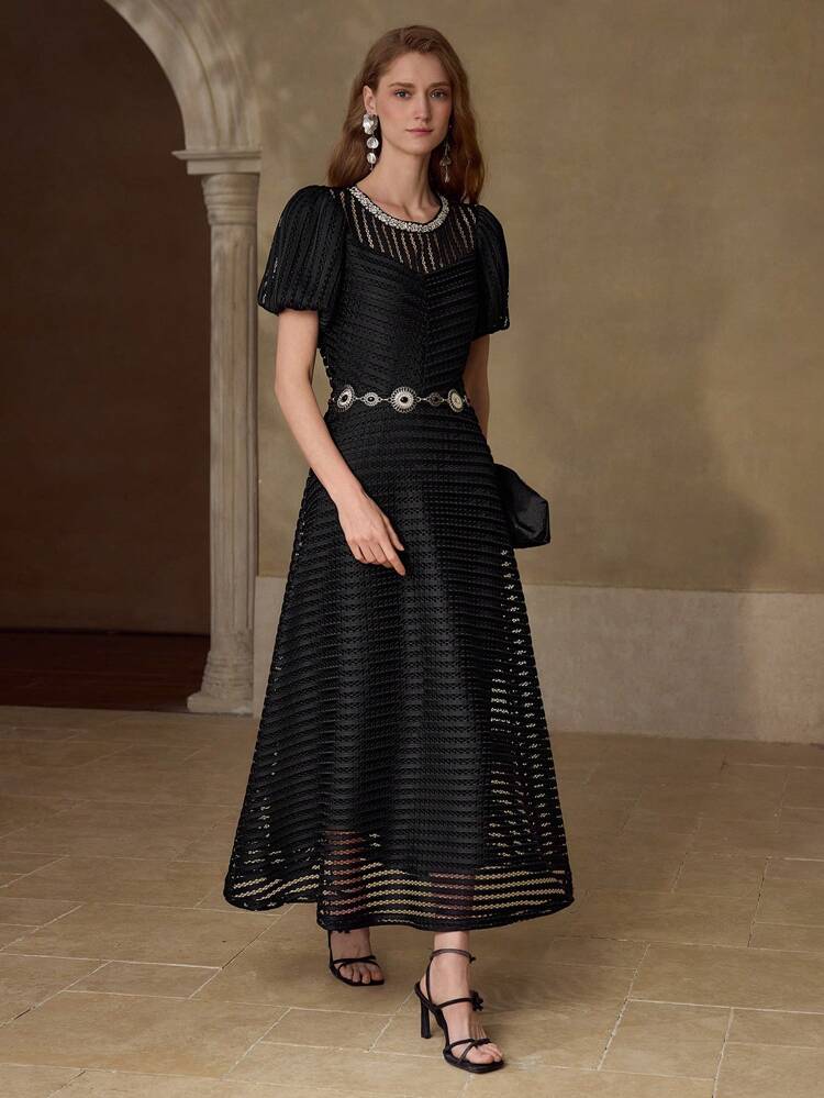 MESH HOLLOW STRIPED CINCHED WAIST ELEGANT DRESS