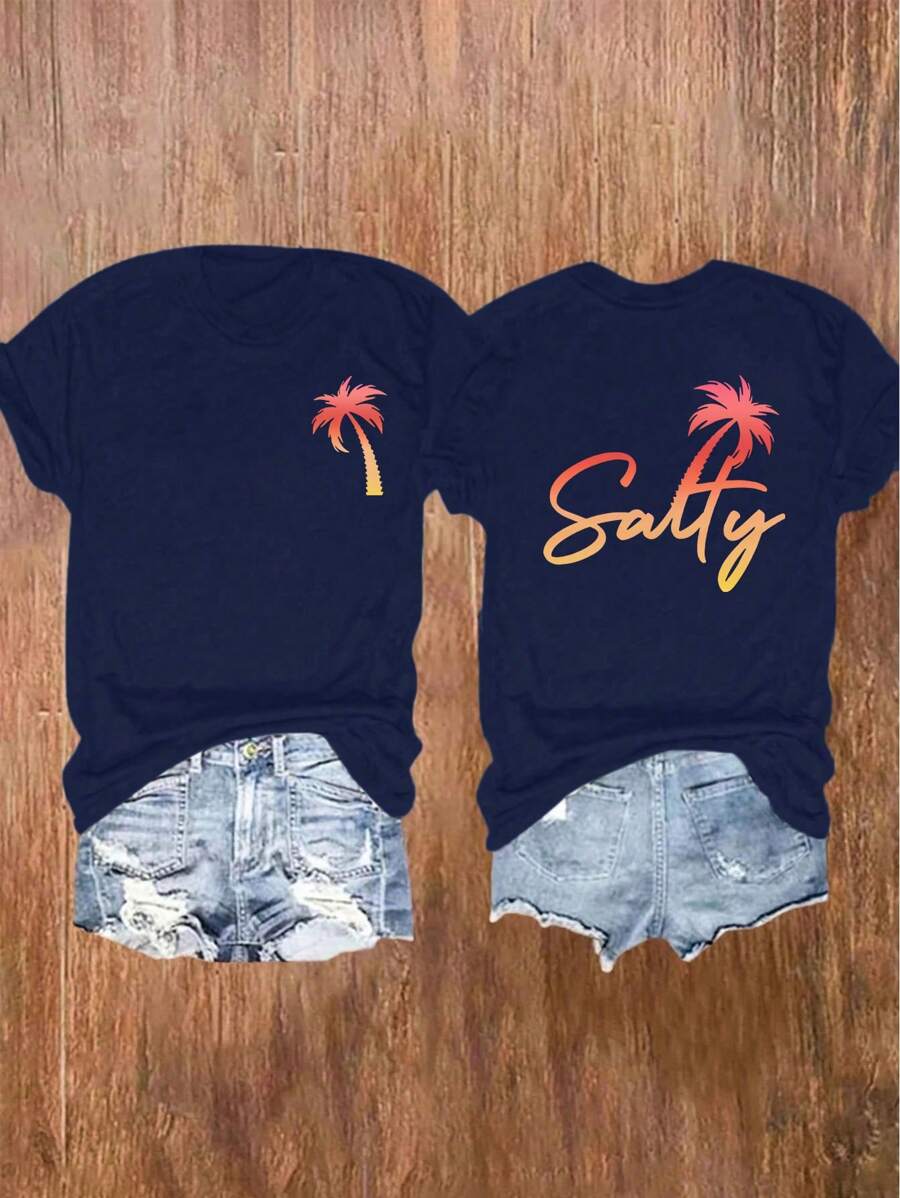 Flirla Áo thun cổ tròn tay ngắn in chữ và cây cọ cỡ lớn cho nữ - Màu xanh hải quân - Xem 1