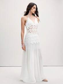 EMERY ROSE New Classical Deep V Neck Backless Hollow Out Lace Patchwork Pleated Chiffon Dress - White - View 5