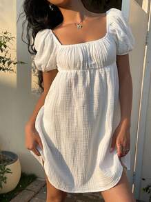 MainGRL Váy ngắn chữ A cổ vuông tay bồng màu trắng cho kỳ nghỉ hè giản dị - trắng - Xem 5