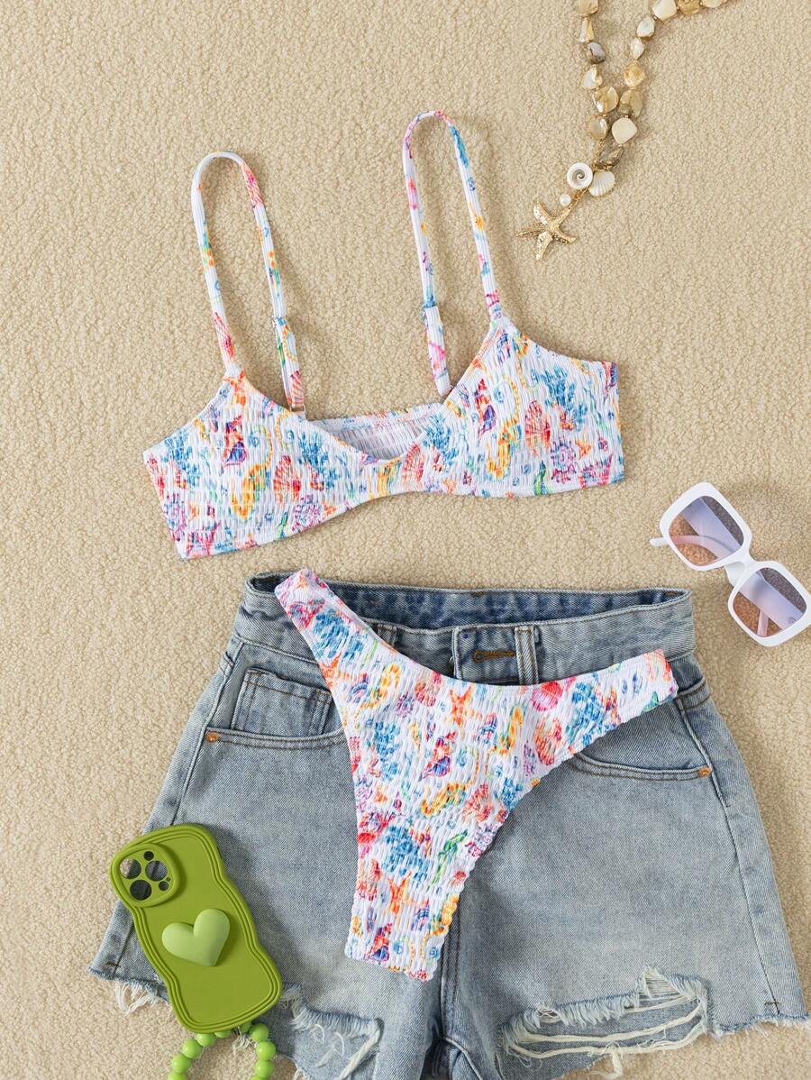 SHEIN 2pcs/Set Random Print Spaghetti Strap Backless Top And High Cut Bikini Bottom, Cute Bikini Clothes Set, For Spring Summer - Multicolor - View 1