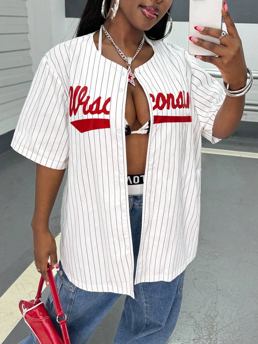 SHEIN Slayr Plus Size Women Letter & Stripe Print Single Button Casual Loose Jacket - White - View 1