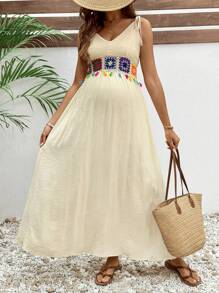 SHEIN Maternity Dress, V-Neck Sleeveless Simple And Fashionable Design, Suitable For Summer - Khaki - View 6