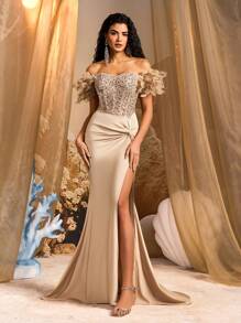 Glamrae Elegant Luxurious Off Shoulder Faux Fur Sleeve Sheer Faux Pearls Contrast Sequins Elastic Bodycon Slit Fish Tail Dress, Suitable For Weddings, Parties, Graduations, Balls, Galas, Party Dress, Wedding Guest Dress, Formal Dress, Evening Dress, Gown