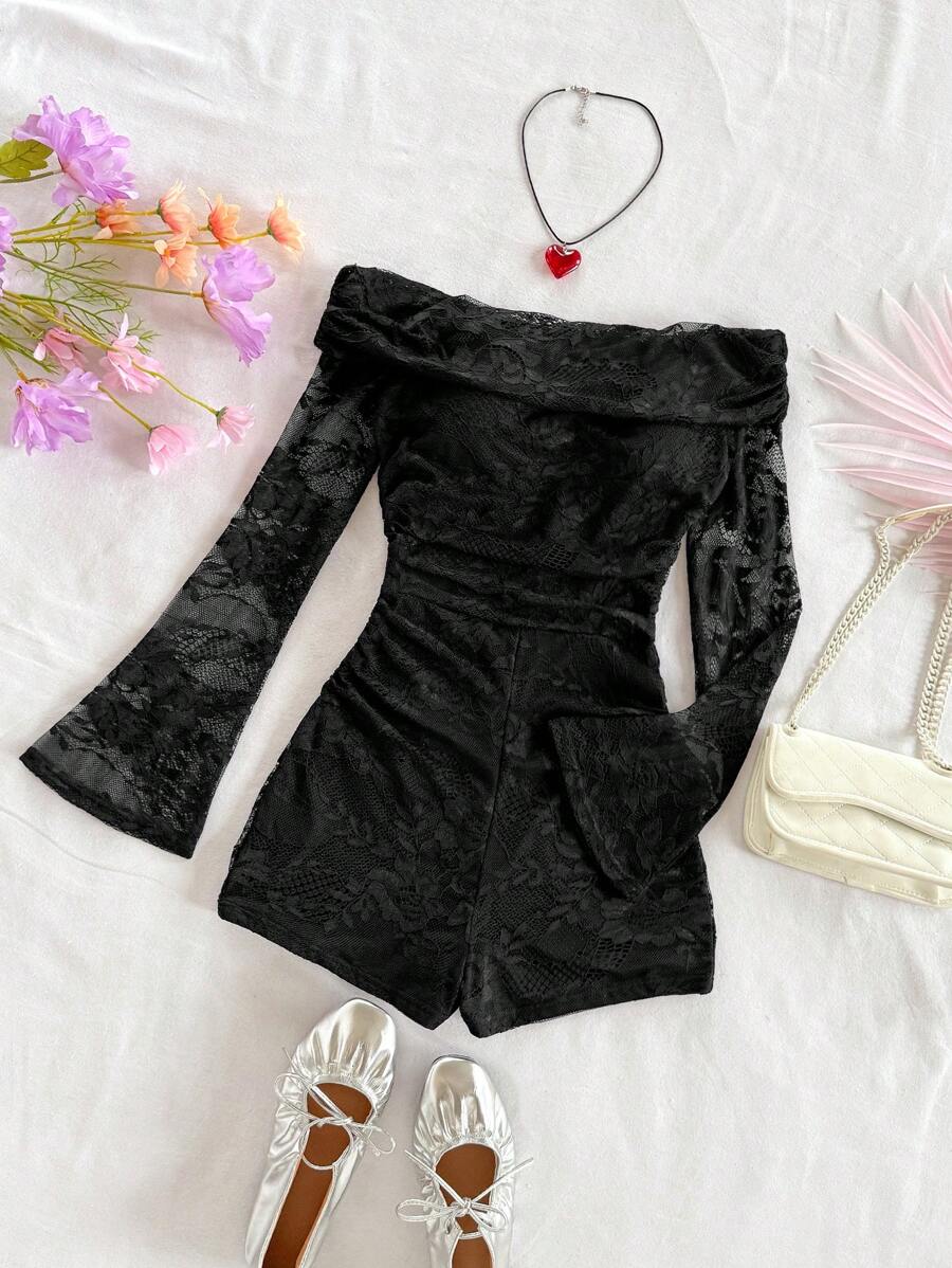 Soleia WYWH Vacation Off Shoulder Black Lace Flared Sleeve Ruffle Jumpsuits - Black - View 1