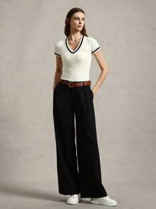Briarwyn Blusa lavorata a maglia con scollo a V, maniche corte, contrasto di colore, con ricamo a lettera, per outfit estivi da donna, casual business