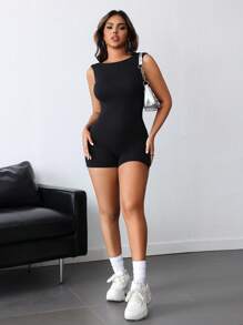 INAWLY Women's Solid Color Scoop Neck Sleeveless Fitted Romper In Summer - Black - View 7