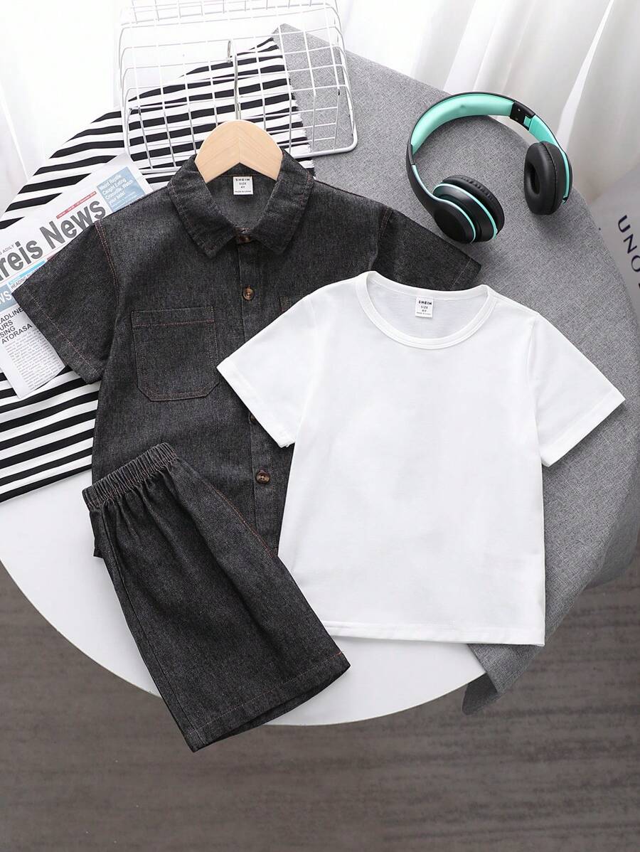 SHEIN 3 件套年轻男孩复古美式夏季韩版时尚宽松设计独特牛仔衬衫 + 纯白牛仔 T 恤 + 休闲牛仔短裤。适合日常穿着、上学、购物、户外运动、旅行、春游、夏令营、度假等场合 - 黑色 - 查看 1